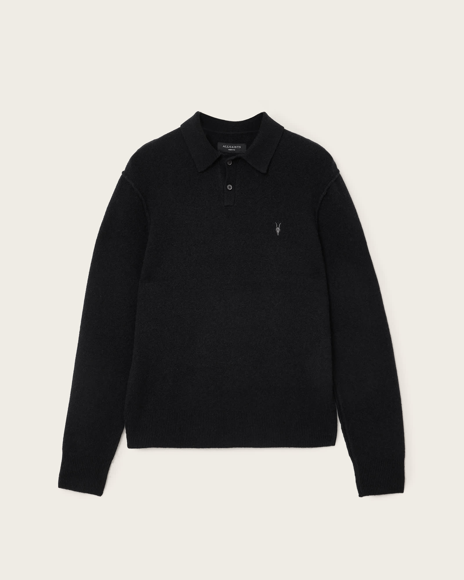 All Saints Statten Long Sleeve Ramskull Polo Sweater Black