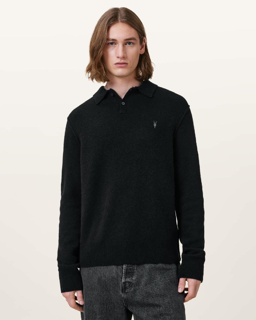 All Saints Statten Long Sleeve Ramskull Polo Sweater Black