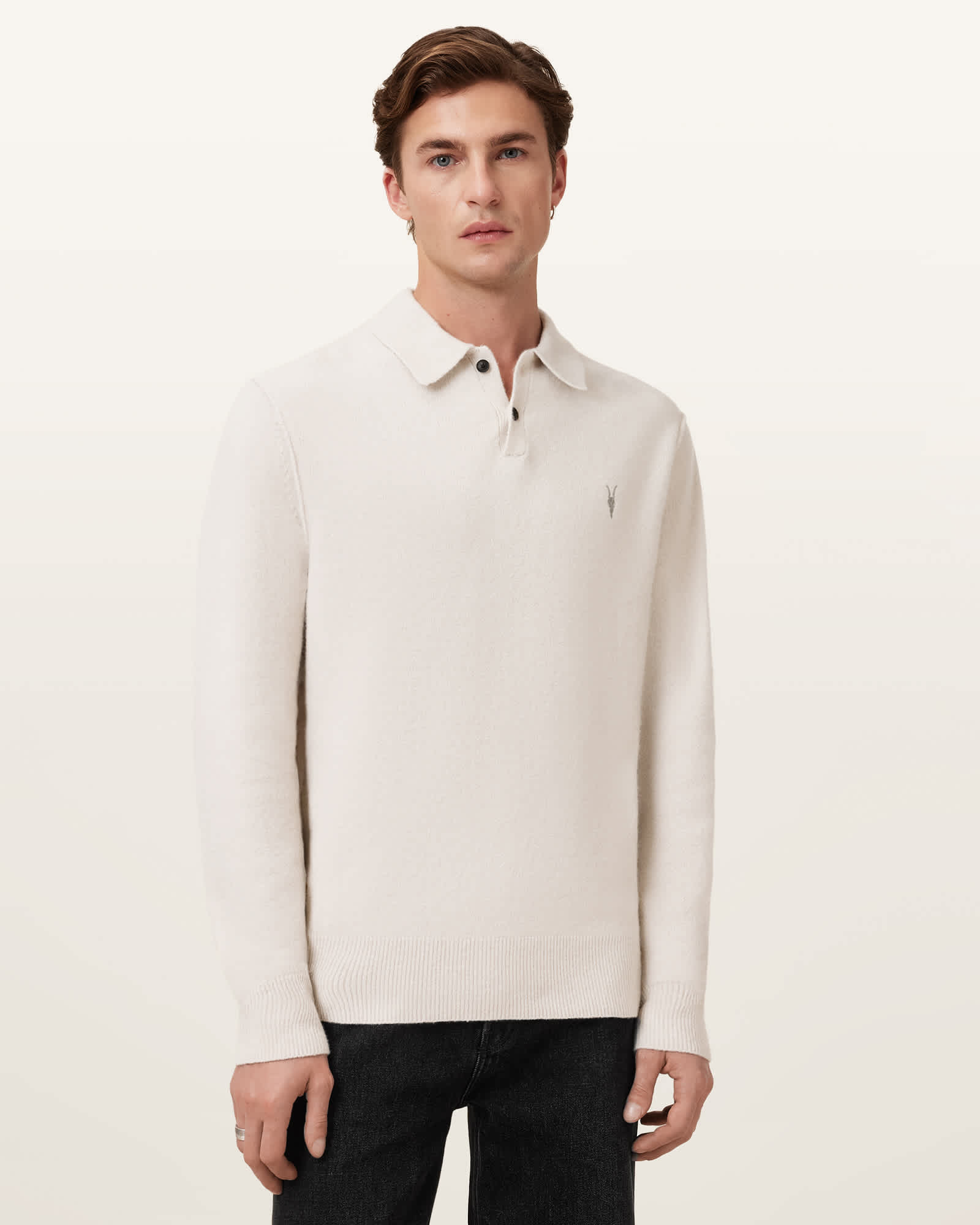 All Saints Statten Long Sleeve Ramskull Polo Sweater Cloudy White