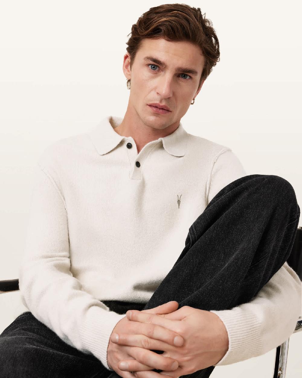 All Saints Statten Long Sleeve Ramskull Polo Sweater Cloudy White