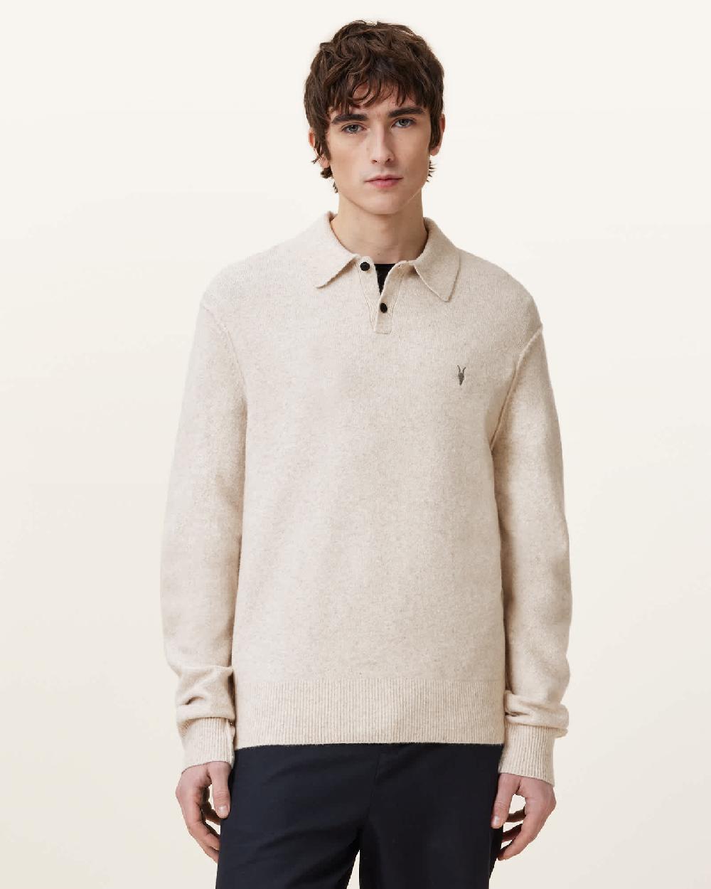 All Saints Statten Long Sleeve Ramskull Polo Sweater OATMEAL WHITE