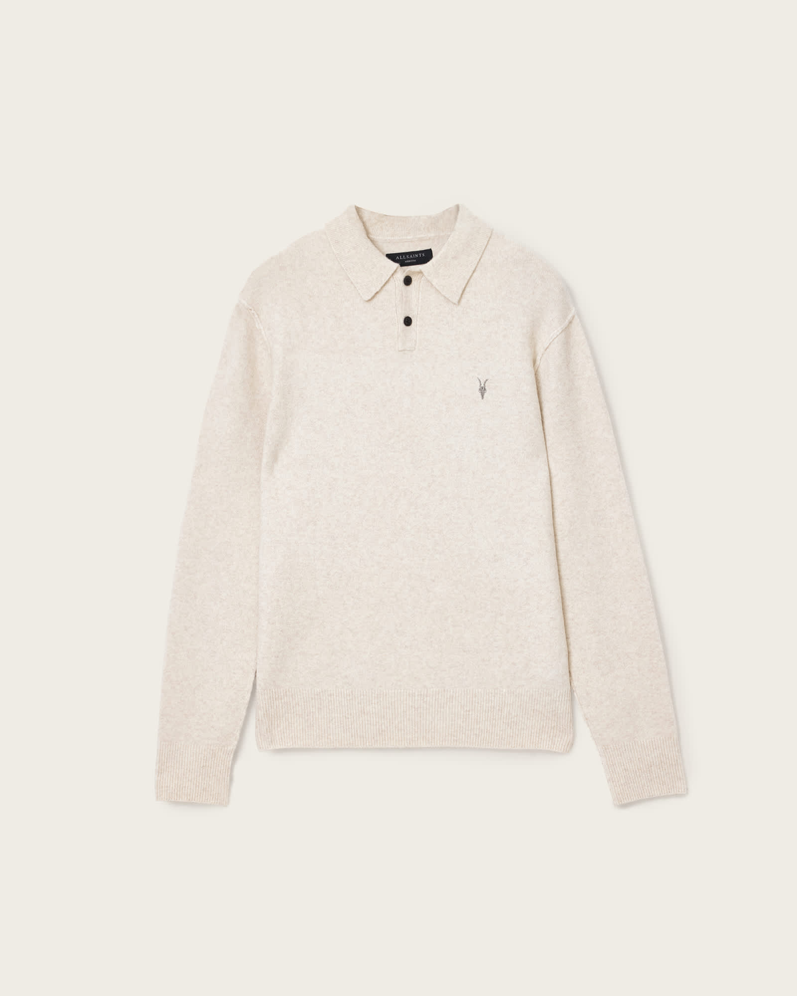 All Saints Statten Long Sleeve Ramskull Polo Sweater OATMEAL WHITE