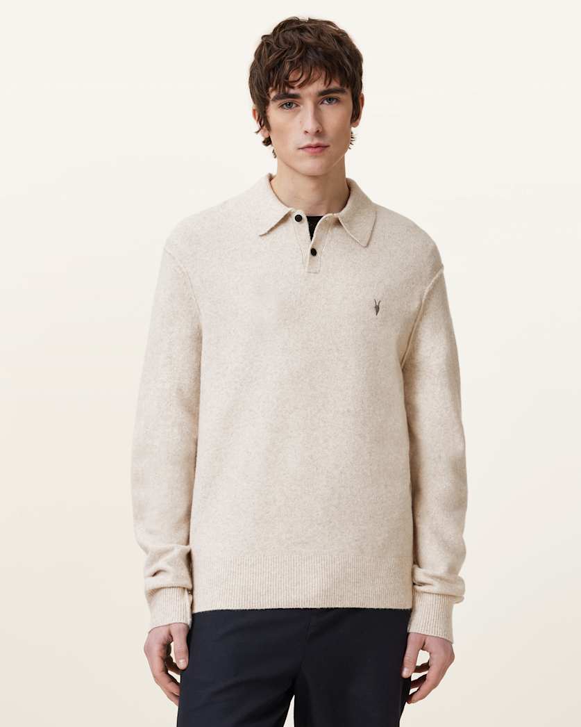 all saints Statten Long Sleeve Ramskull Polo Sweater OATMEAL WHITE