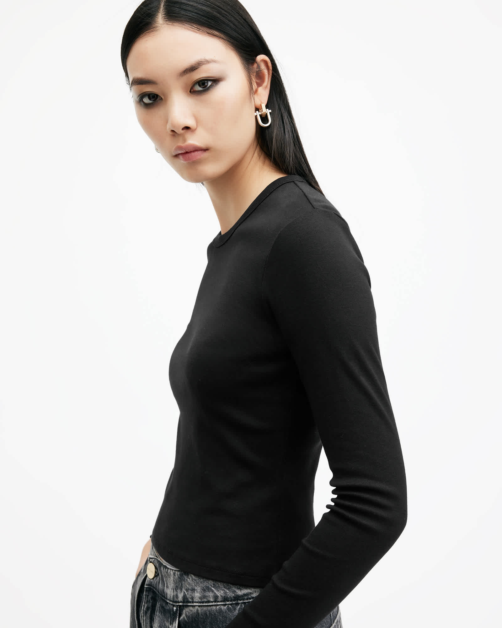 All Saints Stevie Slim Fit Long Sleeve T-Shirt Black