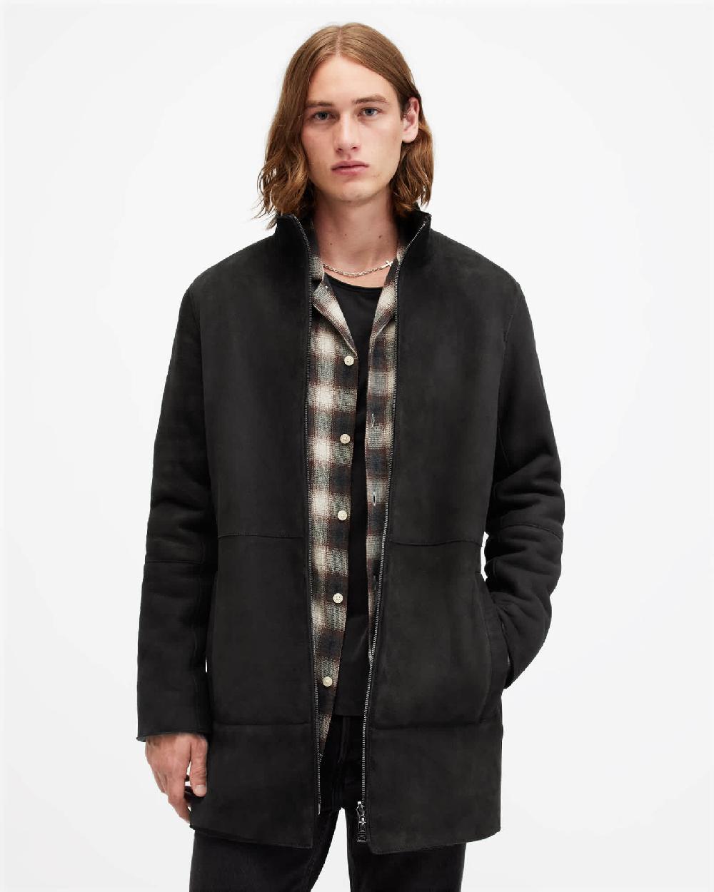 All Saints Stride Funnel Neck Shearling Coat Twilight Black