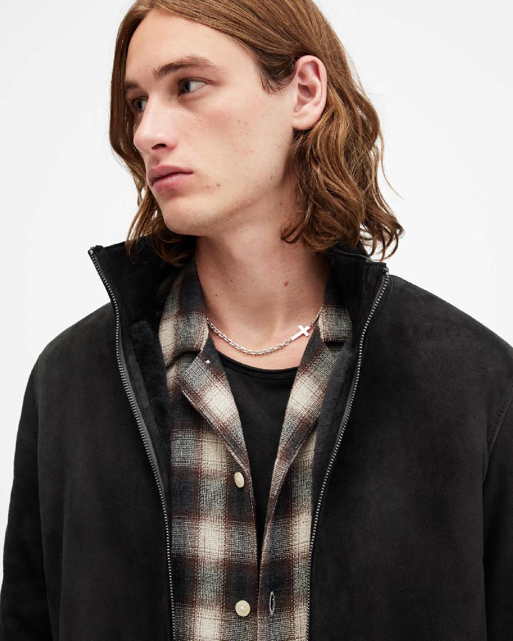 All Saints Stride Funnel Neck Shearling Coat Twilight Black