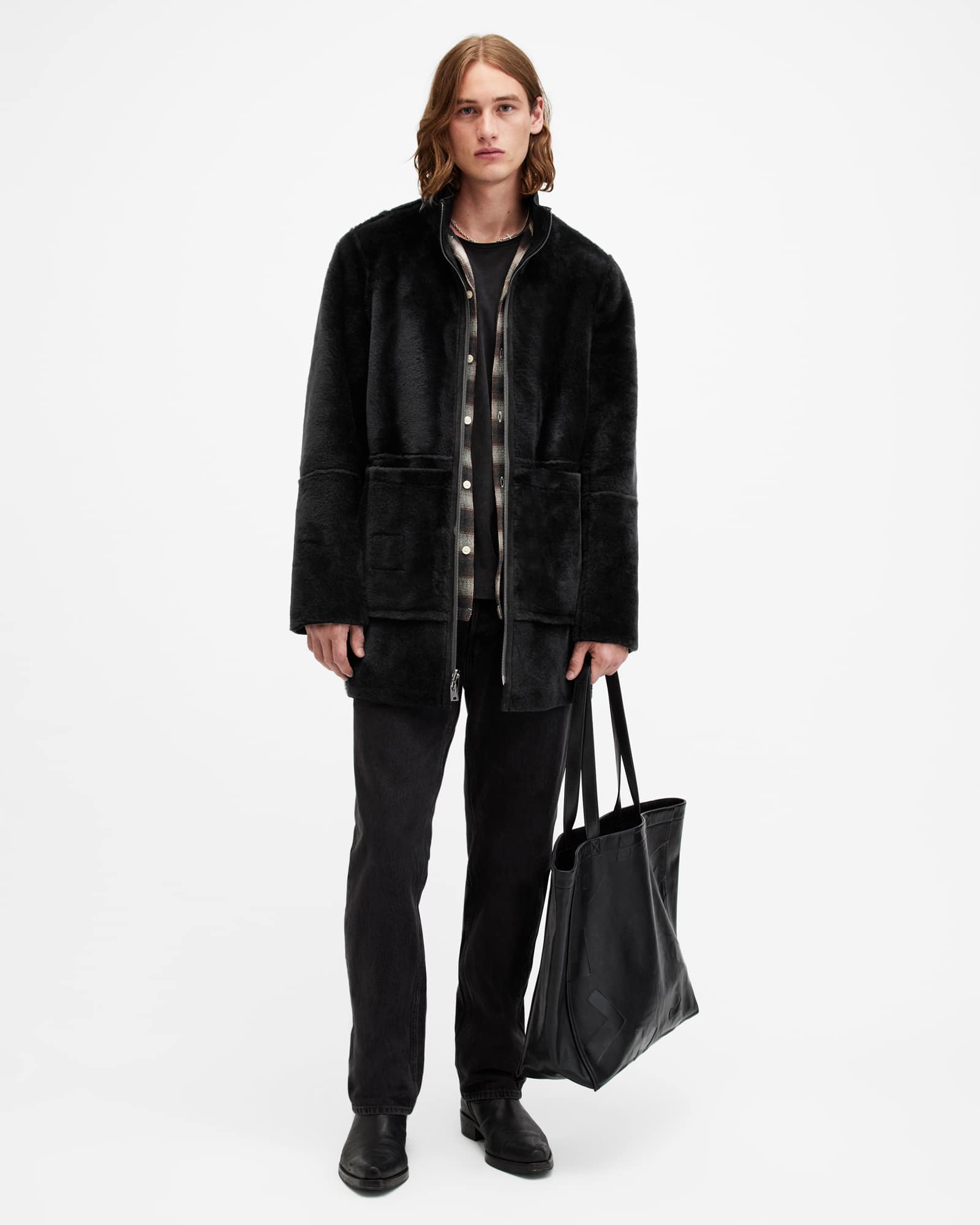 All Saints Stride Funnel Neck Shearling Coat Twilight Black