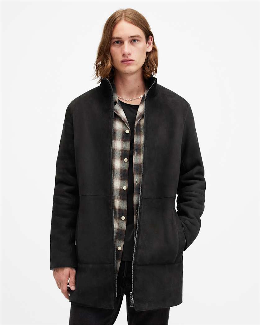all saints Stride Funnel Neck Shearling Coat Twilight Black