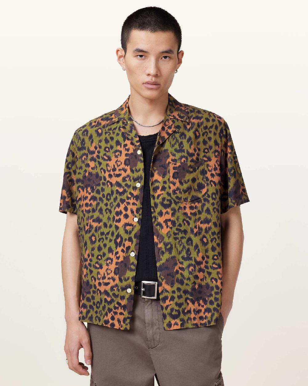All Saints Styx Printed Short Sleeve Shirt Military Green