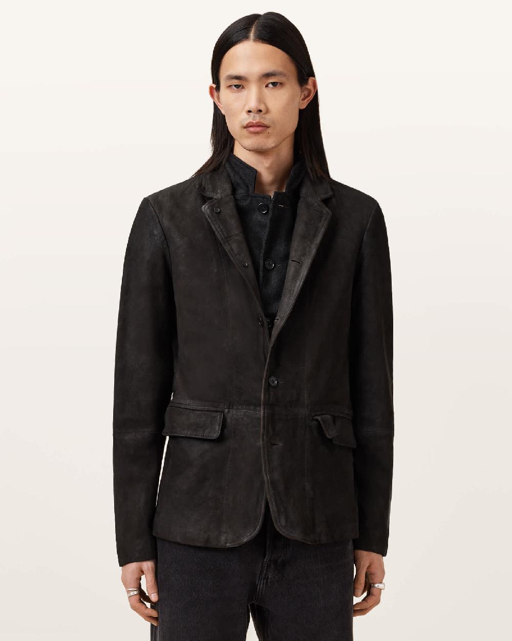 All Saints Survey Double Layered Leather Blazer Anthracite Grey