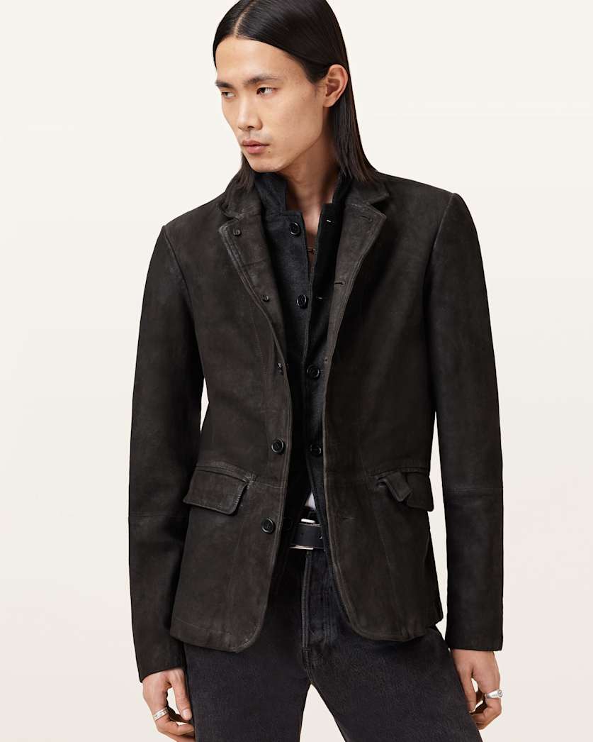 all saints Survey Double Layered Leather Blazer Anthracite Grey