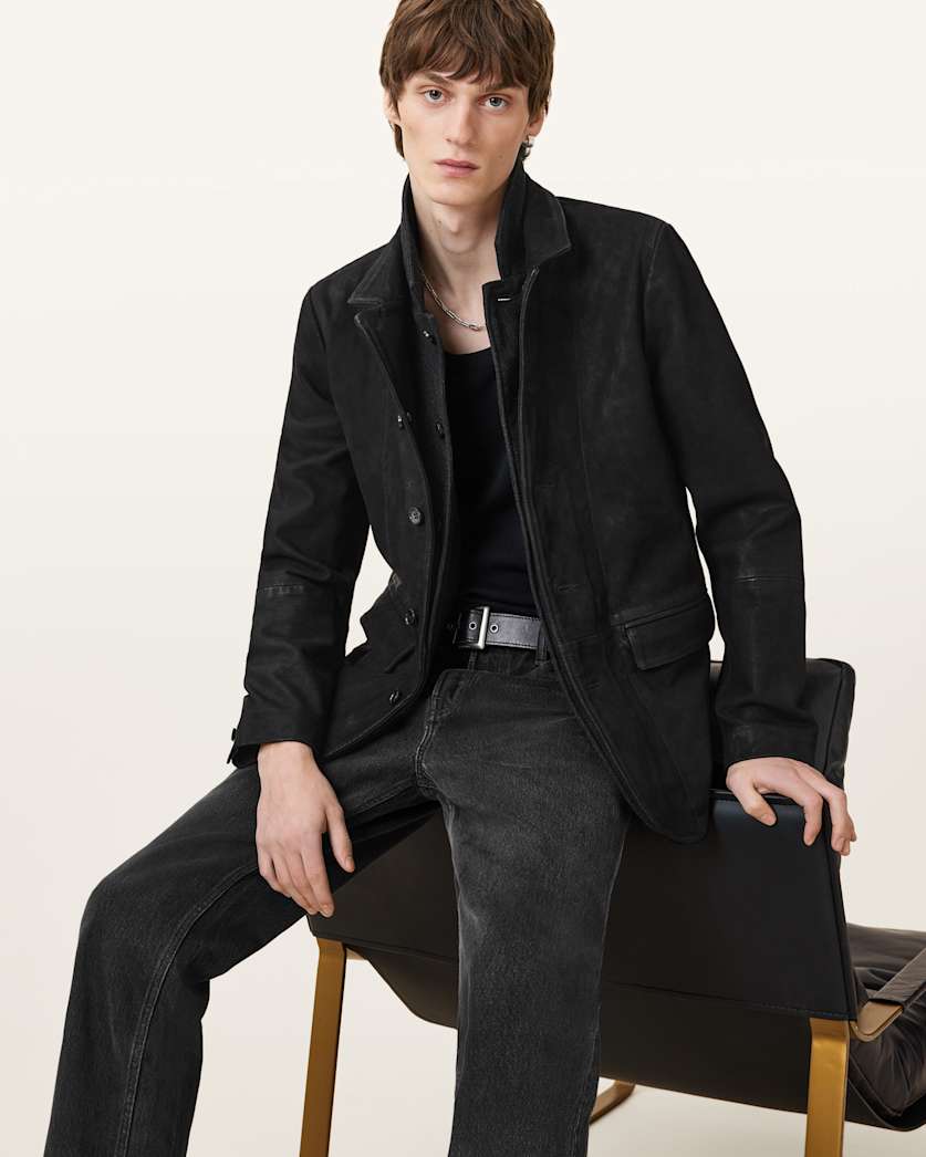 all saints Survey Double Layered Leather Blazer Black