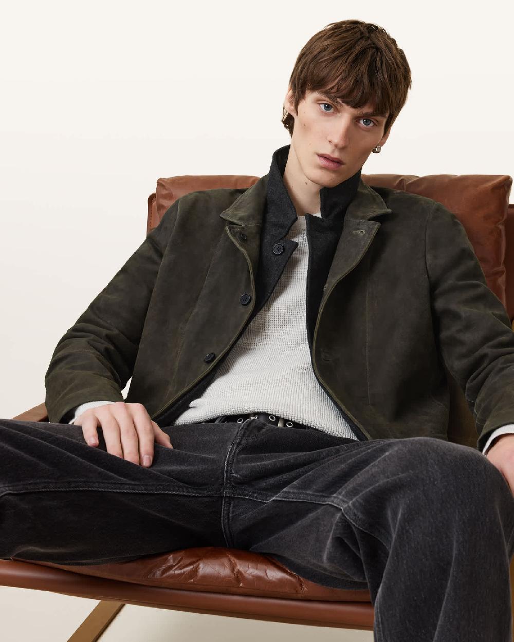 All Saints Survey Double Layered Leather Blazer Dark Olive