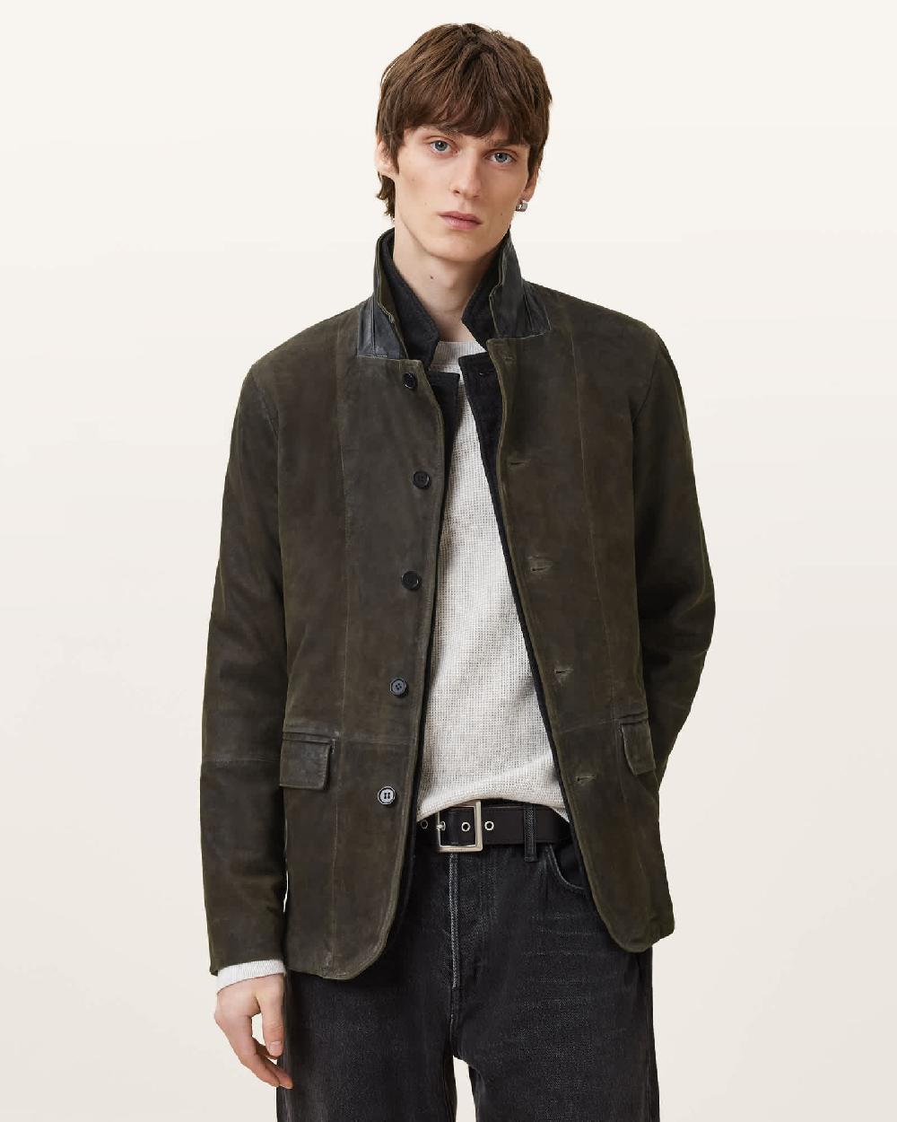 All Saints Survey Double Layered Leather Blazer Dark Olive