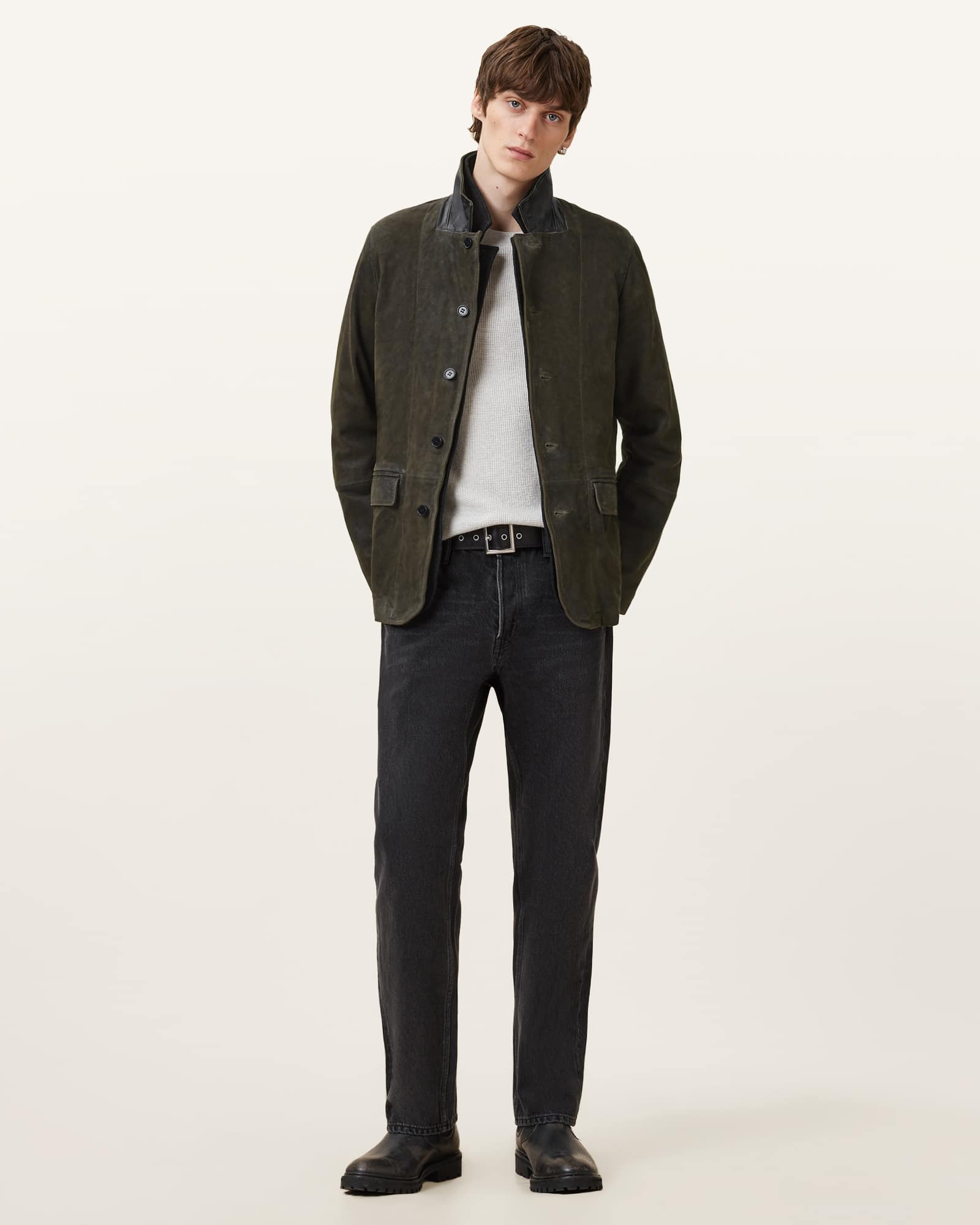 All Saints Survey Double Layered Leather Blazer Dark Olive