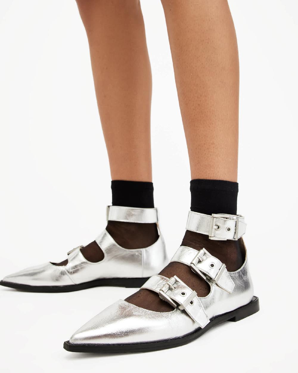 All Saints Susan Buckle Metallic Leather Shoes Silver