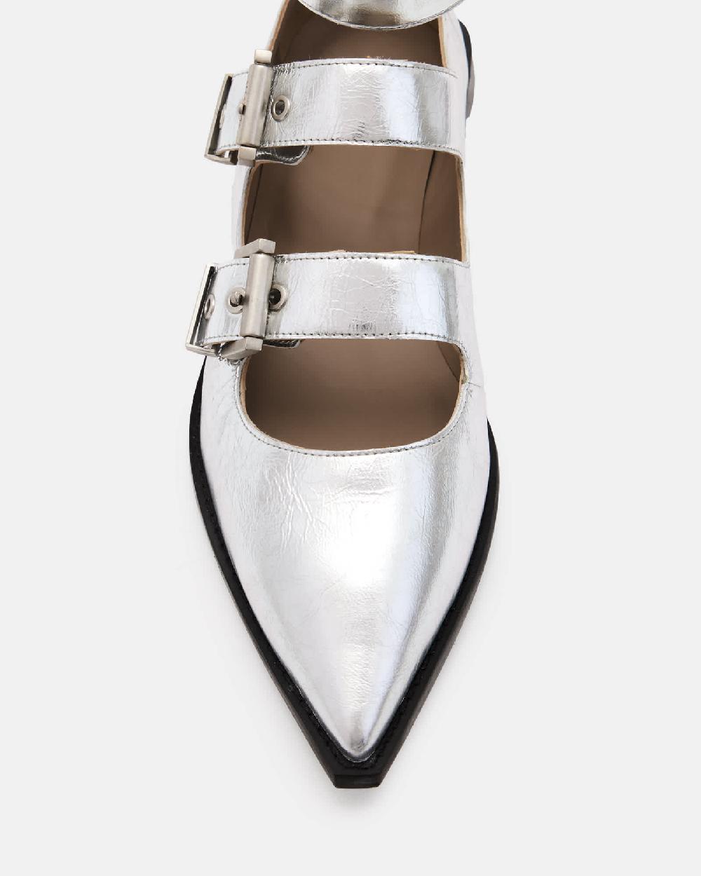 All Saints Susan Buckle Metallic Leather Shoes Silver