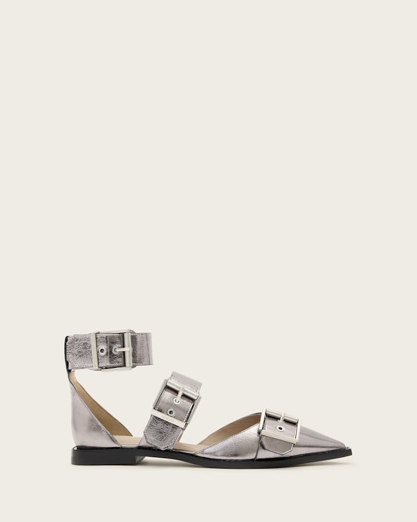 all saints Sutton Metallic Leather Point Toe Shoes Gunmetal Grey