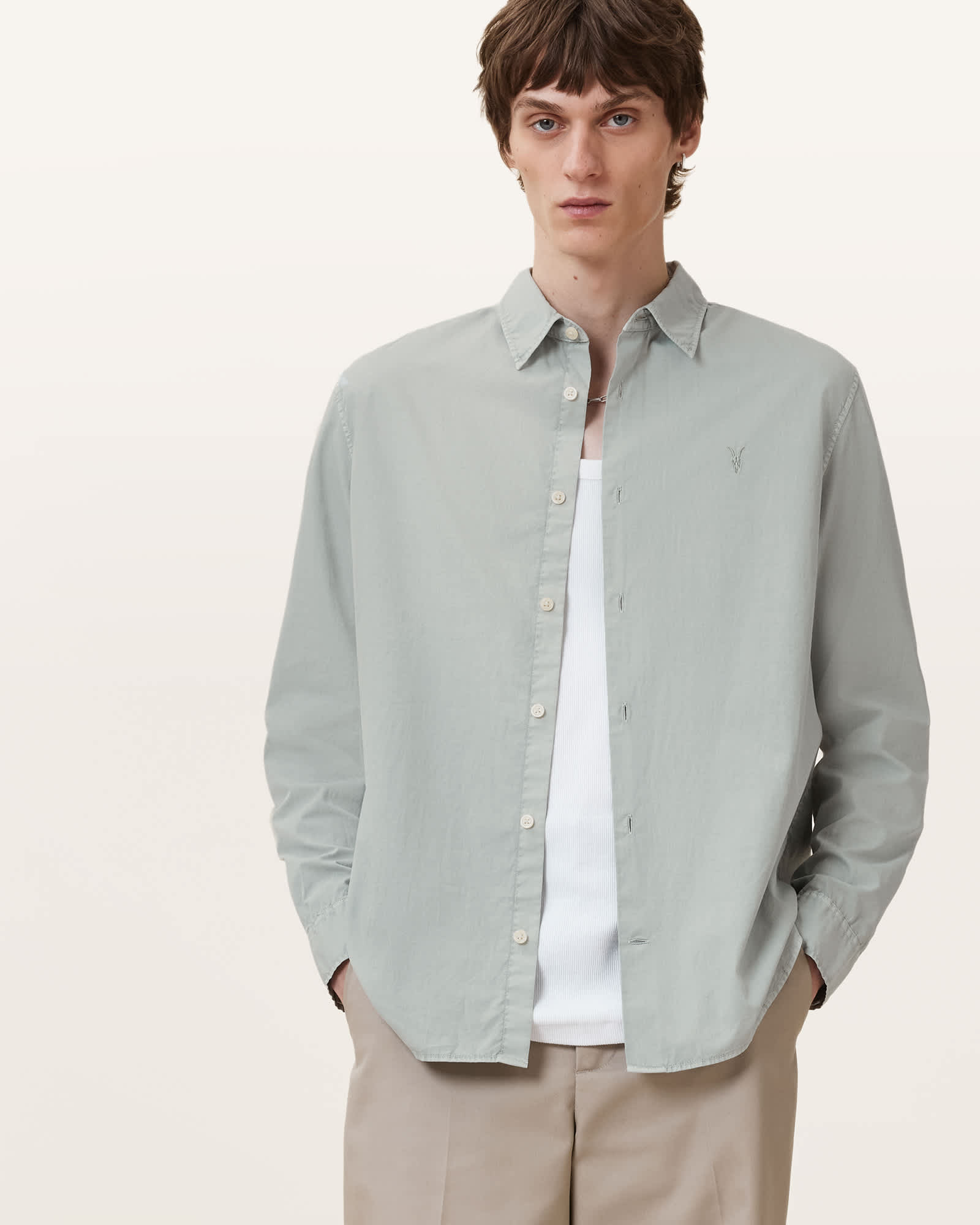 All Saints Tahoe Garment Dyed Relaxed Fit Shirt Slate Green