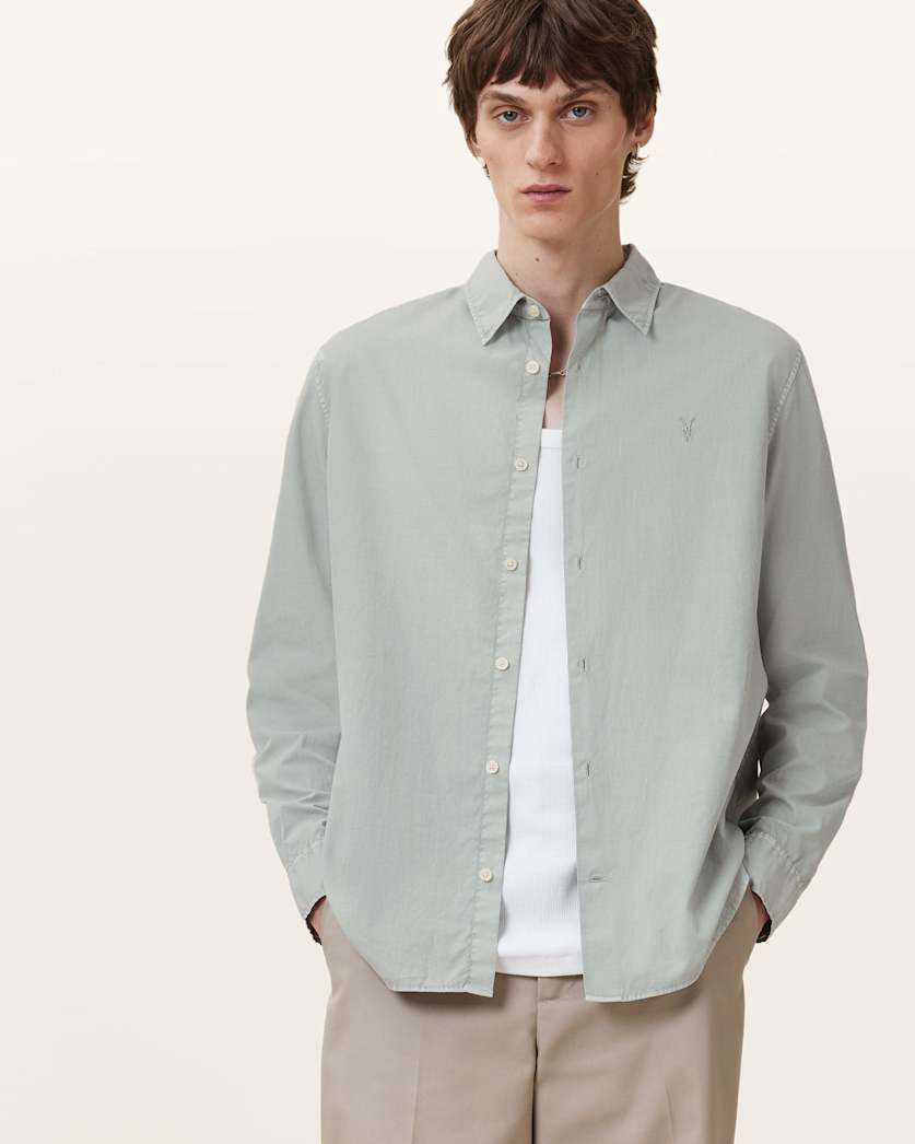 all saints Tahoe Garment Dyed Relaxed Fit Shirt Slate Green