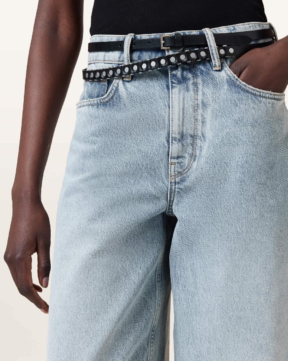 All Saints Tamsin Leather Studded Belt BLACK/ANTQ NICKEL