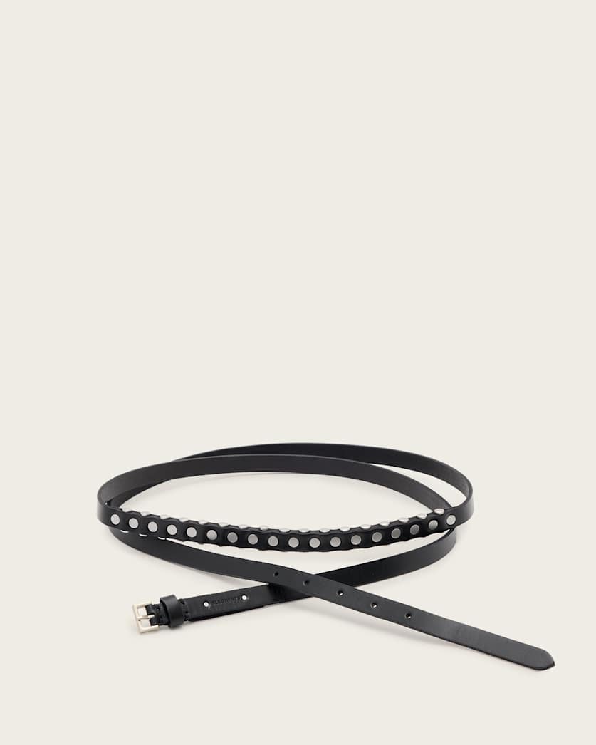 all saints Tamsin Leather Studded Belt BLACK/ANTQ NICKEL