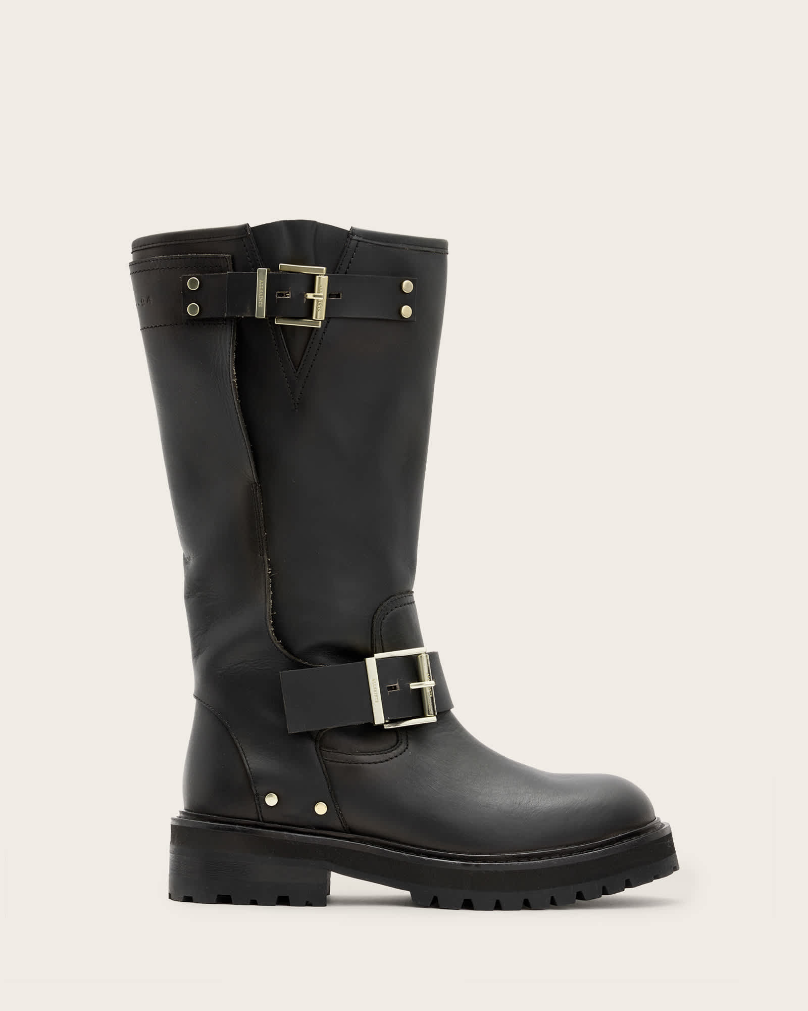 All Saints Tay Calf Length Leather Biker Boots BLACK/WARM BRASS