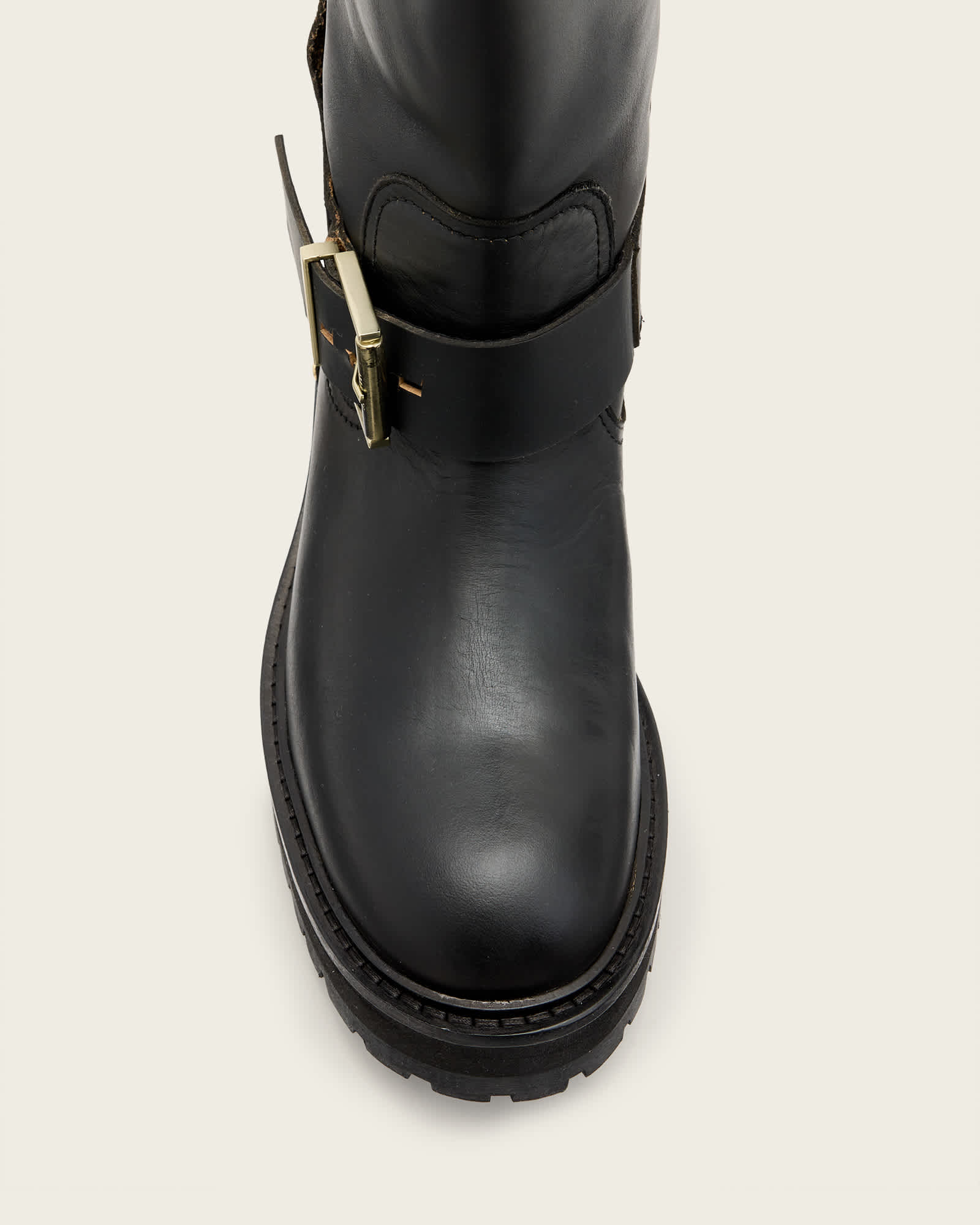 All Saints Tay Calf Length Leather Biker Boots BLACK/WARM BRASS