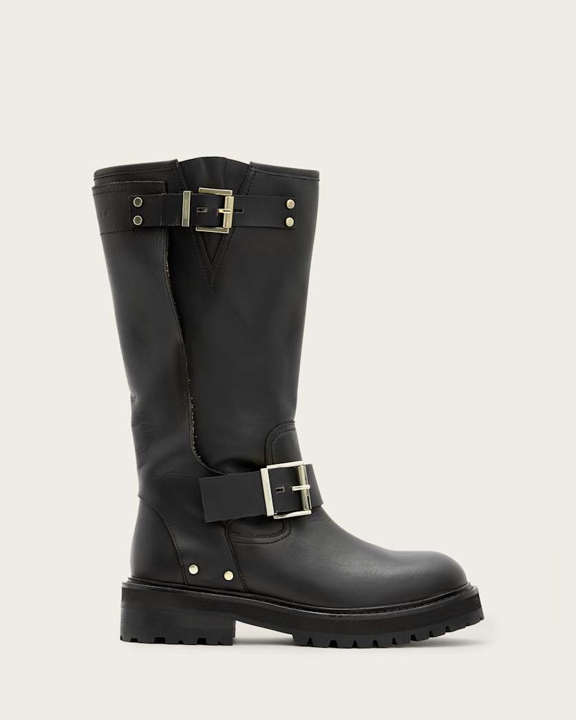 all saints Tay Calf Length Leather Biker Boots BLACK/WARM BRASS