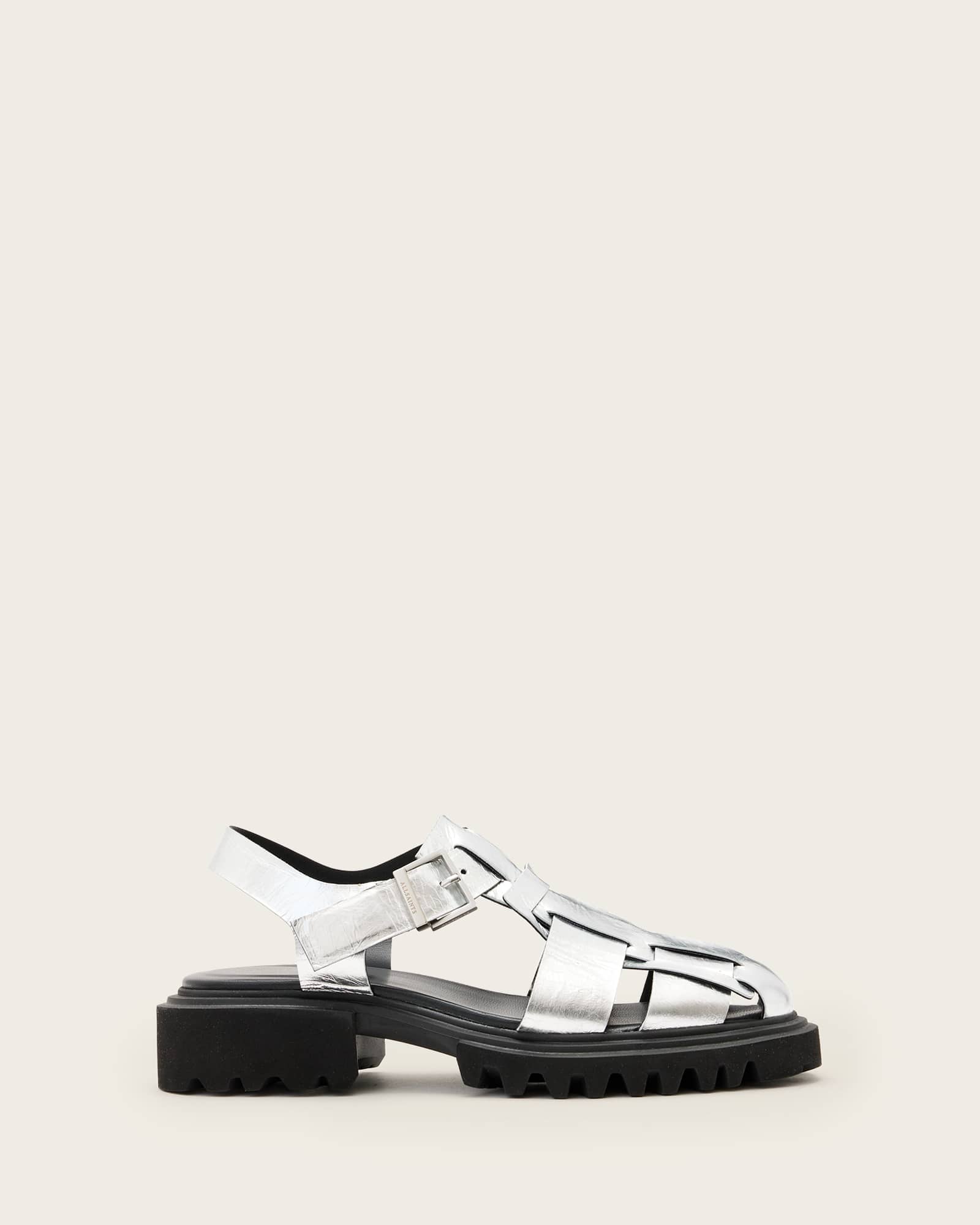 All Saints Tess Chunky Metallic Leather Sandals Silver