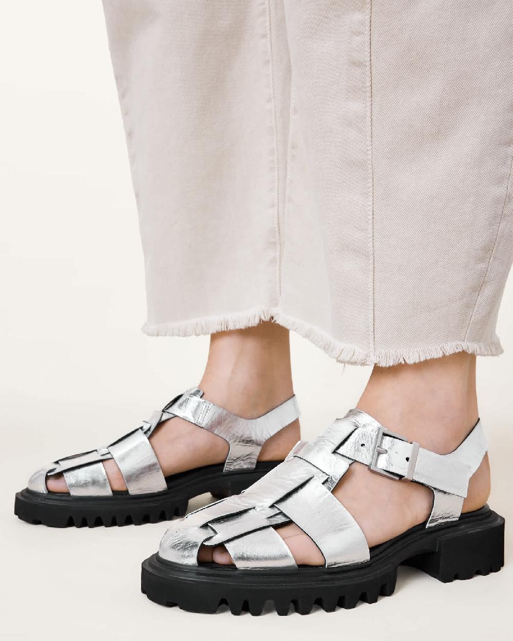 All Saints Tess Chunky Metallic Leather Sandals Silver