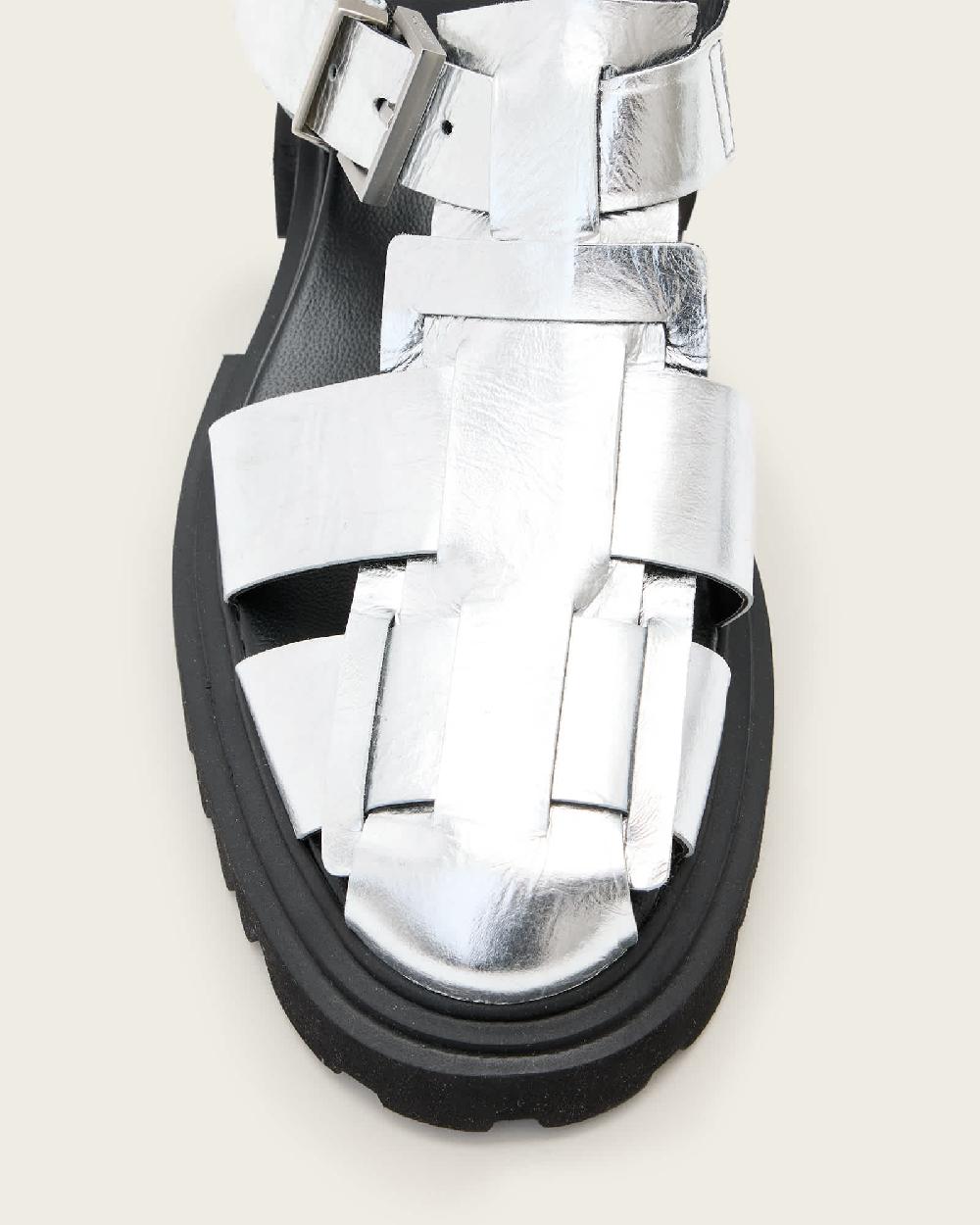 All Saints Tess Chunky Metallic Leather Sandals Silver