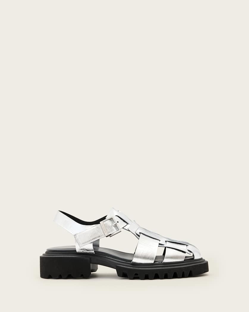 all saints Tess Chunky Metallic Leather Sandals Silver