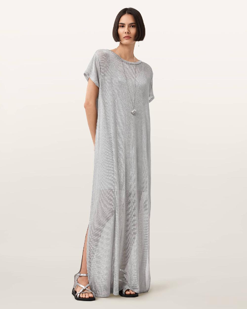 All Saints Thea Sparkle Sheer Maxi Dress Metallic Silver
