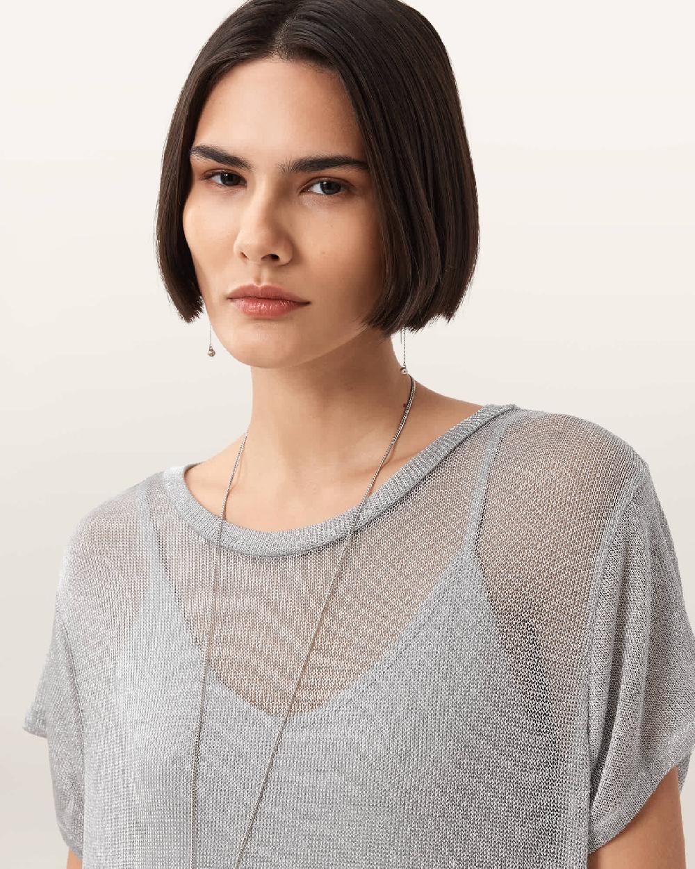 All Saints Thea Sparkle Sheer Maxi Dress Metallic Silver