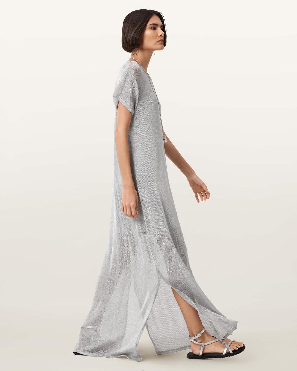 All Saints Thea Sparkle Sheer Maxi Dress Metallic Silver