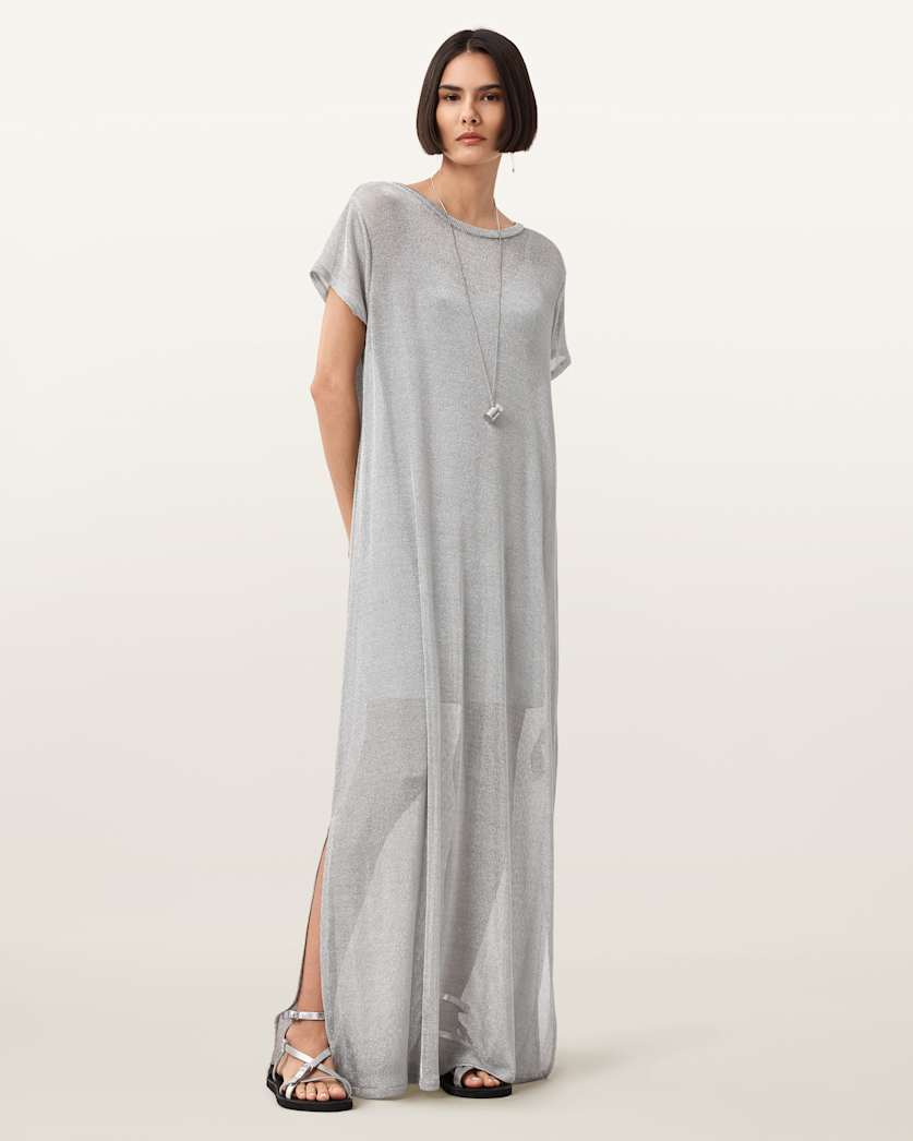all saints Thea Sparkle Sheer Maxi Dress Metallic Silver