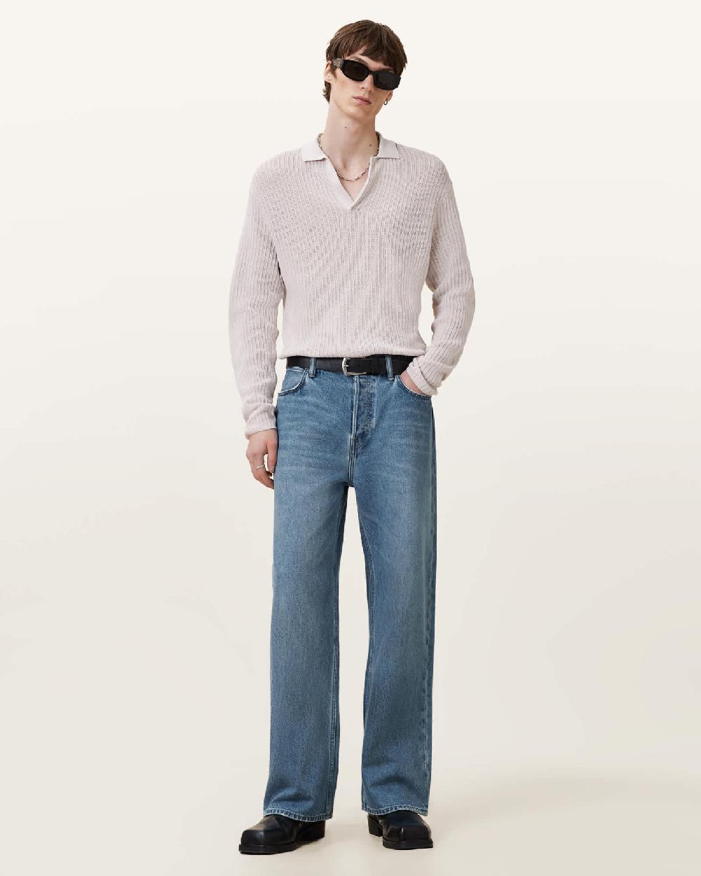 All Saints Thoma Long Sleeve Knitted Polo Shirt Ecru White