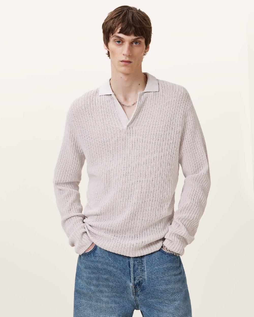 All Saints Thoma Long Sleeve Knitted Polo Shirt Ecru White