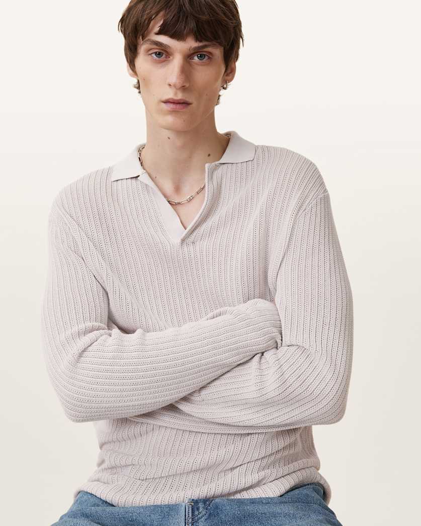 all saints Thoma Long Sleeve Knitted Polo Shirt Ecru White