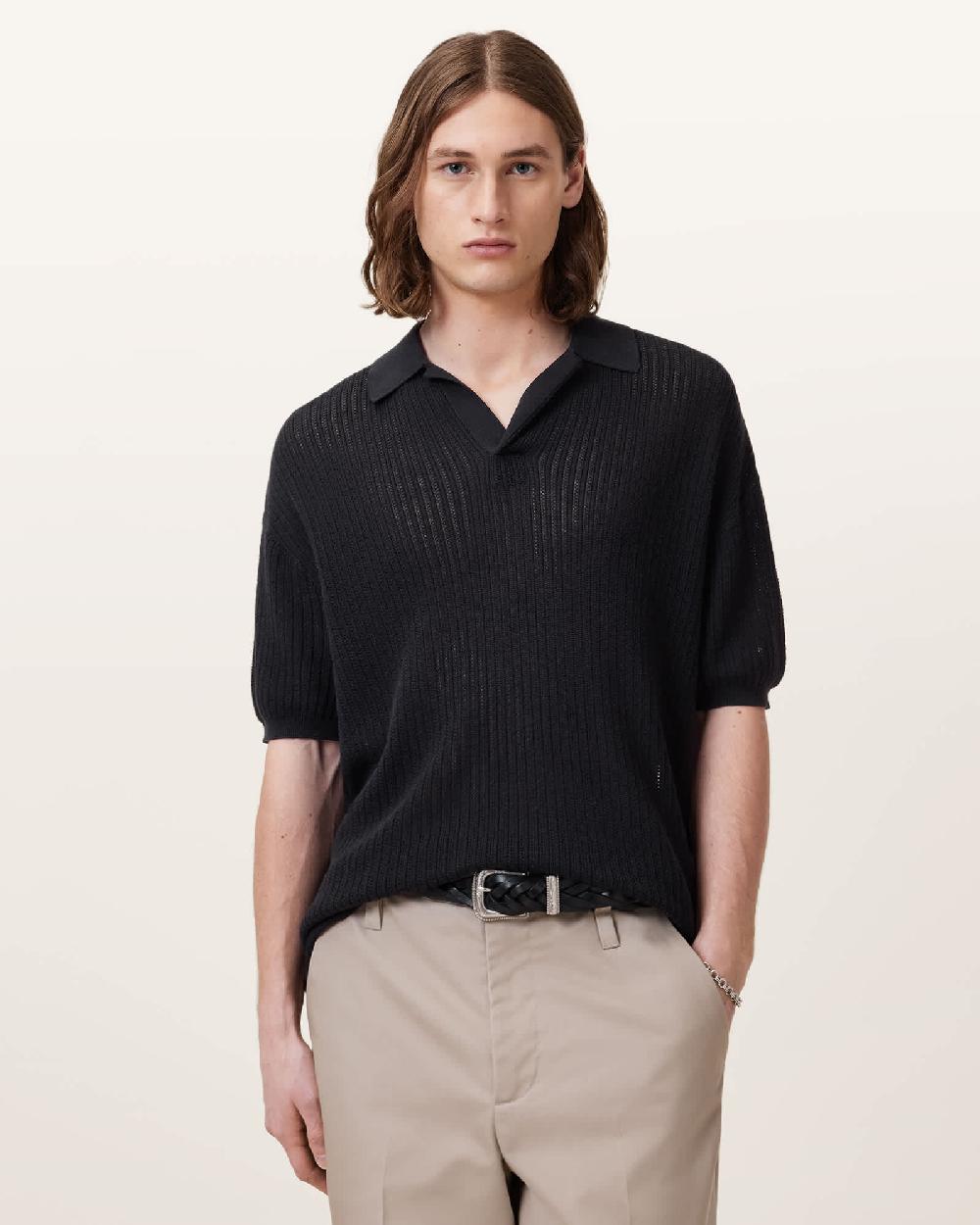 All Saints Thoma Short Sleeve Knitted Polo Shirt Black