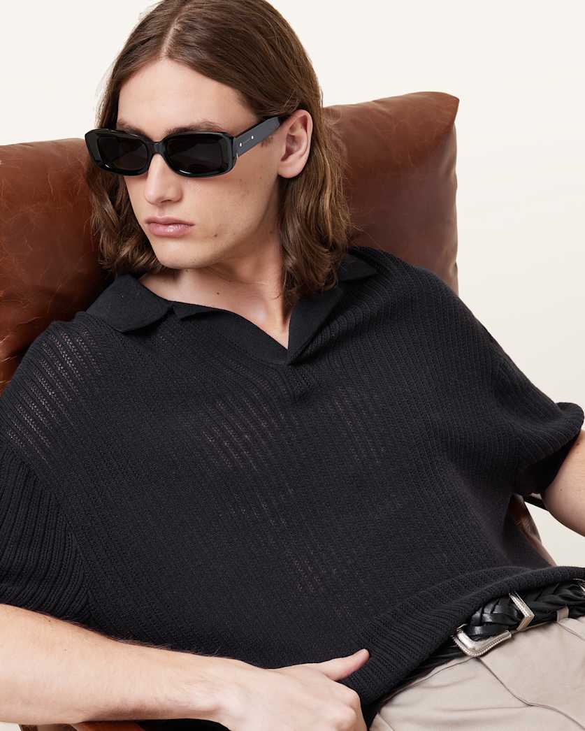 all saints Thoma Short Sleeve Knitted Polo Shirt Black