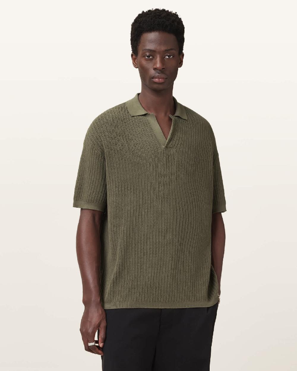 All Saints Thoma Short Sleeve Polo Shirt Khaki Green