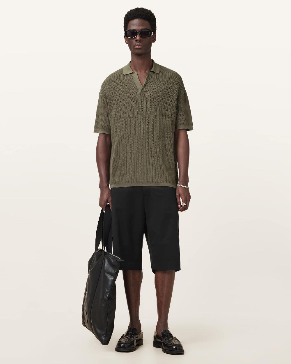 All Saints Thoma Short Sleeve Polo Shirt Khaki Green