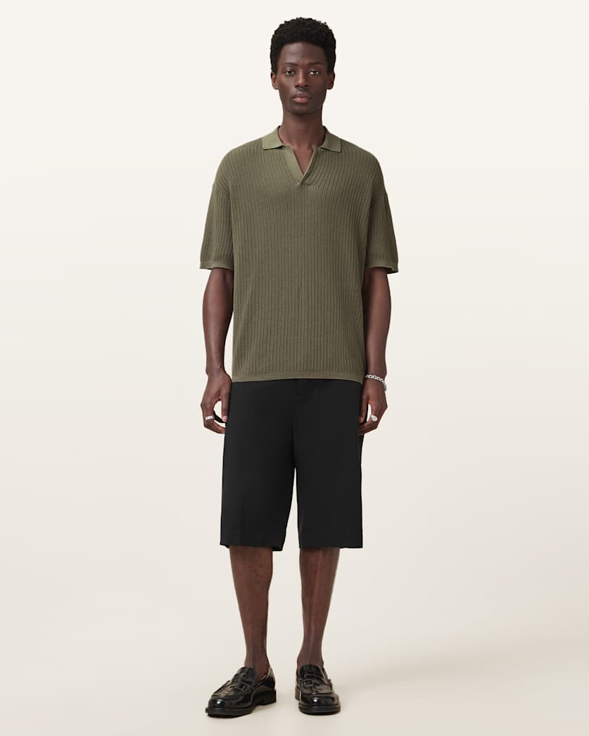 all saints Thoma Short Sleeve Polo Shirt Khaki Green