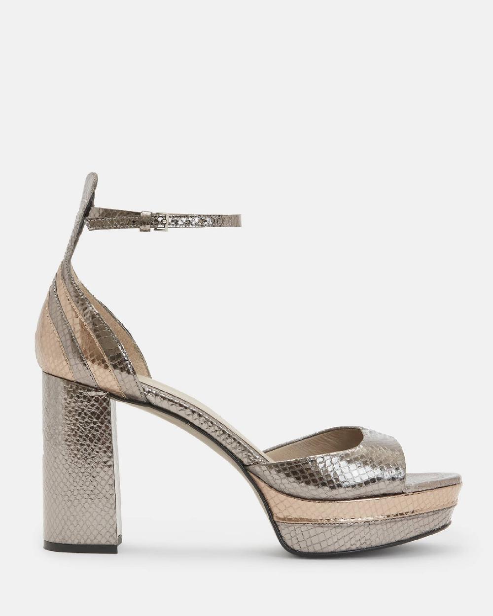 All Saints Tia Metallic Leather Open Platform Heels GUN/GOLD/BRONZE