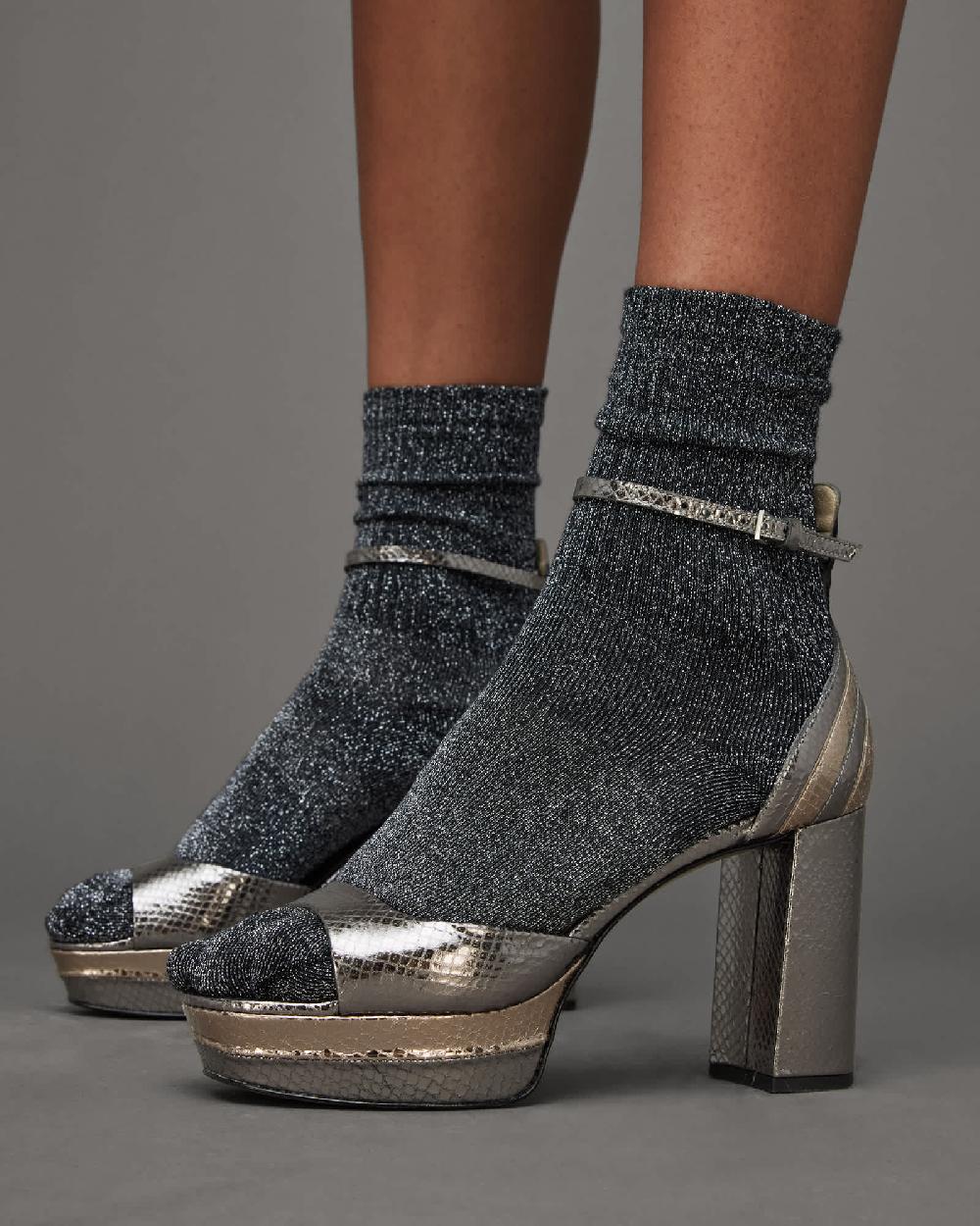 All Saints Tia Metallic Leather Open Platform Heels GUN/GOLD/BRONZE