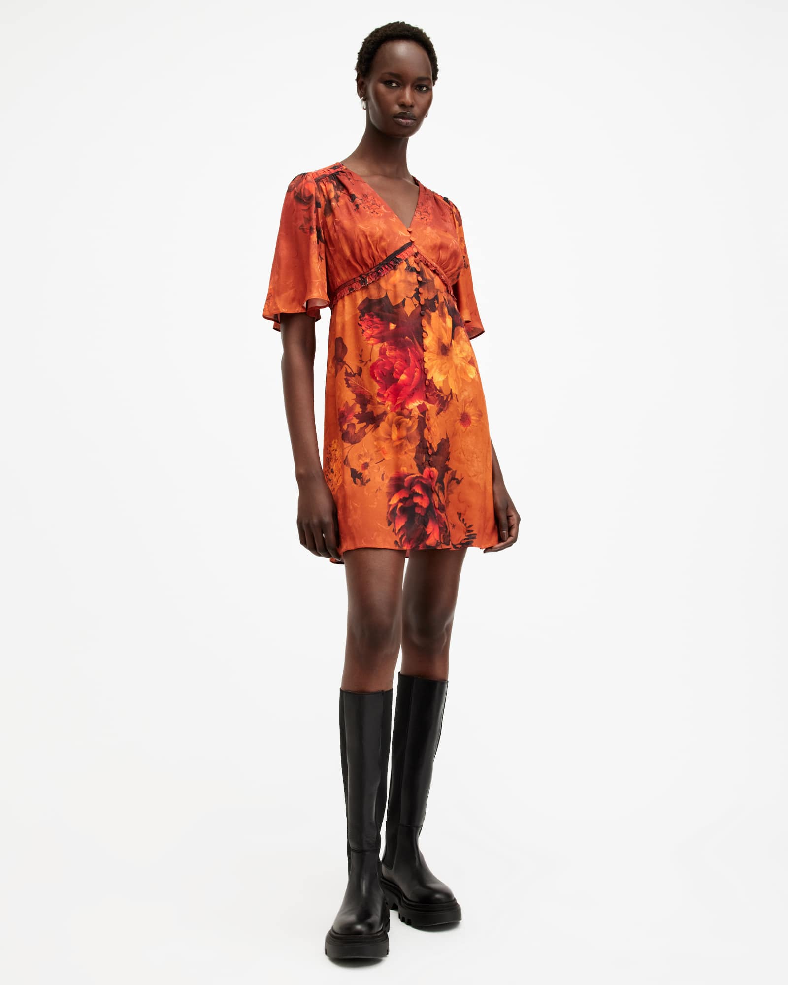 All Saints Tian V-Neck Mini Dress Adela Burnt Orange