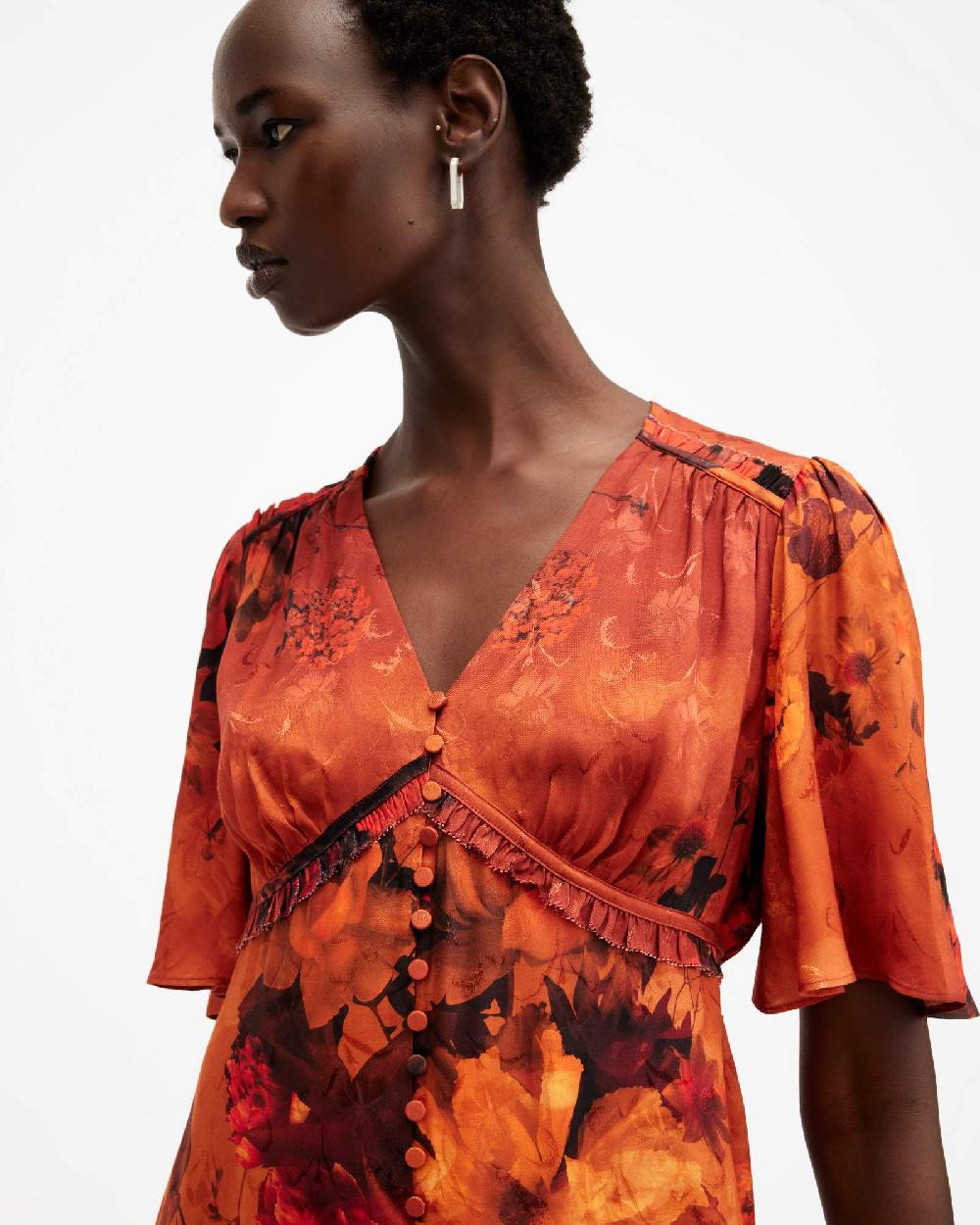 All Saints Tian V-Neck Mini Dress Adela Burnt Orange