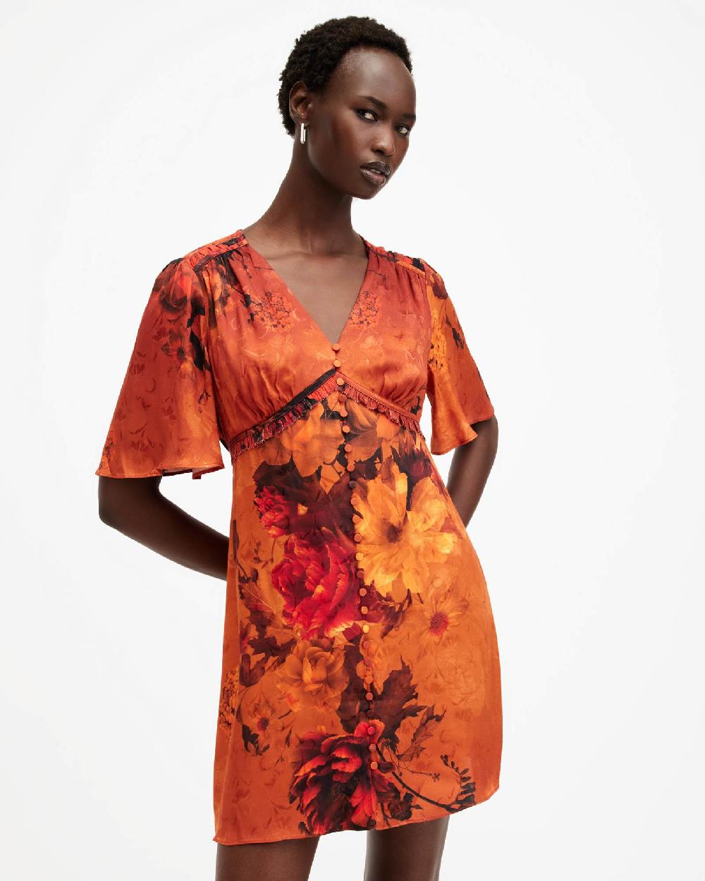 All Saints Tian V-Neck Mini Dress Adela Burnt Orange